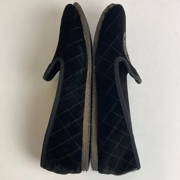 Tory Burch Billy Black Quilted Velvet Fur Loafers Crepe Sole Slippers Size 9