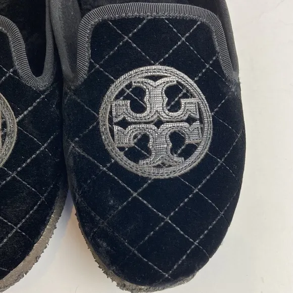 Tory Burch Billy Black Quilted Velvet Fur Loafers Crepe Sole Slippers Size 9