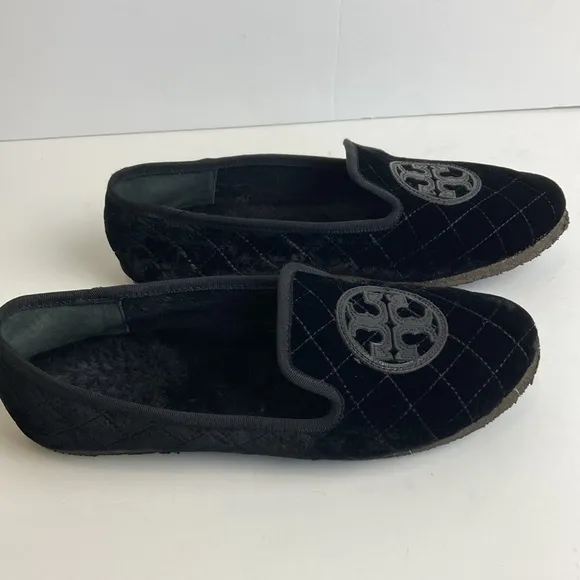 Tory Burch Billy Black Quilted Velvet Fur Loafers Crepe Sole Slippers Size 9