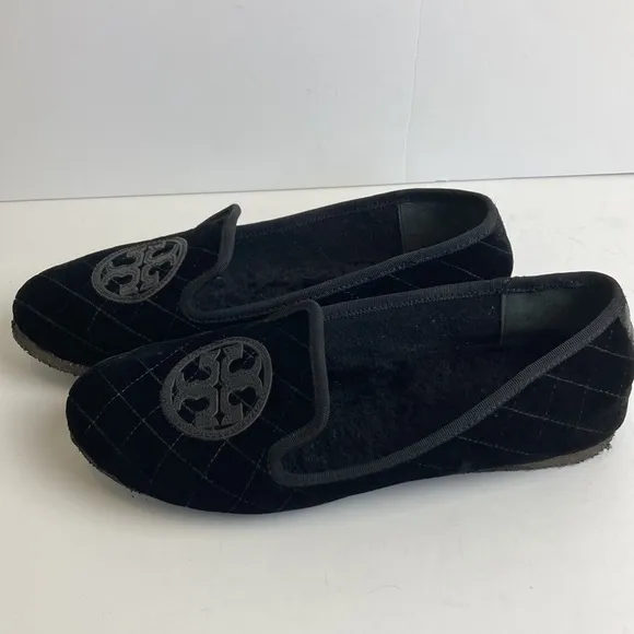 Tory Burch Billy Black Quilted Velvet Fur Loafers Crepe Sole Slippers Size 9