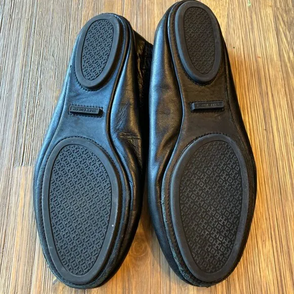 Tory Burch black leather Minnie designer ballet flat with logo size 6.5