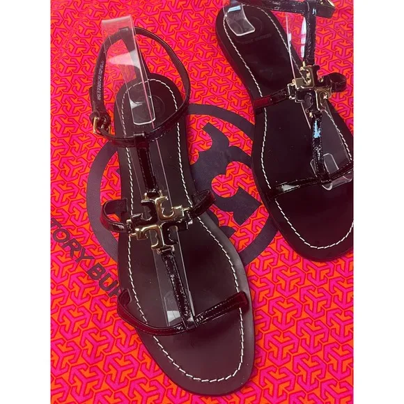 Tory Burch Black Patent Sandals Size 10 NWOB Gold Logo