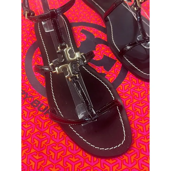 Tory Burch Black Patent Sandals Size 10 NWOB Gold Logo