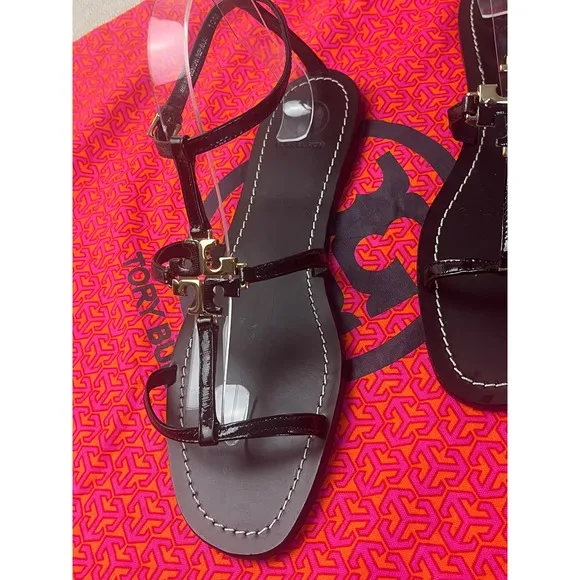 Tory Burch Black Patent Sandals Size 10 NWOB Gold Logo