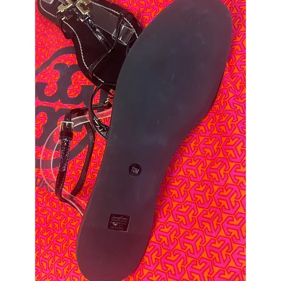 Tory Burch Black Patent Sandals Size 10 NWOB Gold Logo