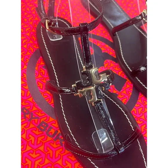 Tory Burch Black Patent Sandals Size 10 NWOB Gold Logo