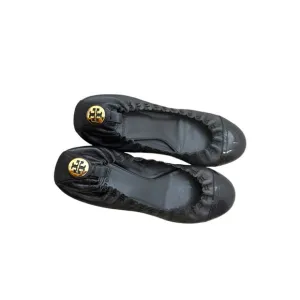 Tory Burch Black Ruched Flats with Gold Emblem