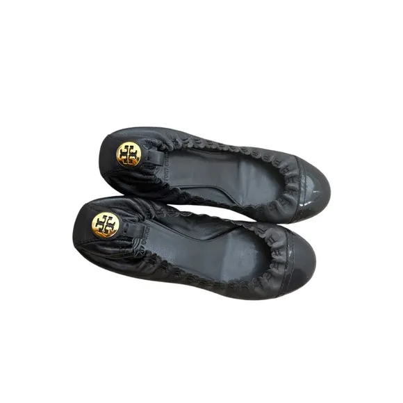 Tory Burch Black Ruched Flats with Gold Emblem