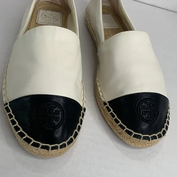 Tory Burch black/white leather color block cap toe espadrille flats