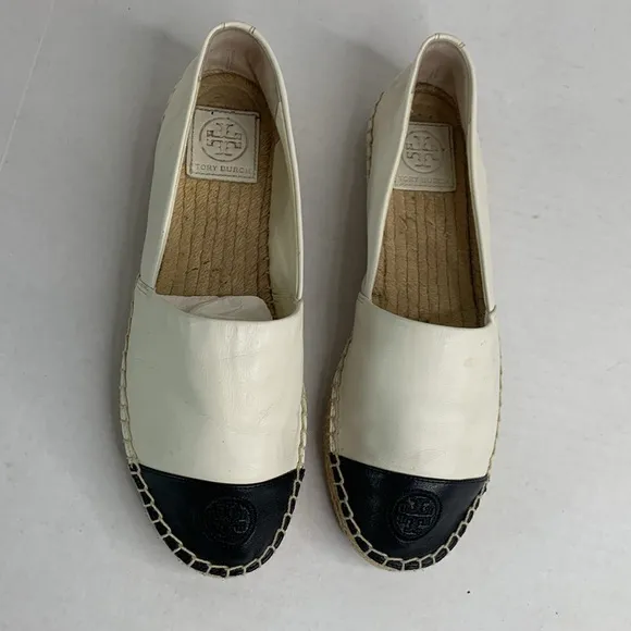 Tory Burch black/white leather color block cap toe espadrille flats