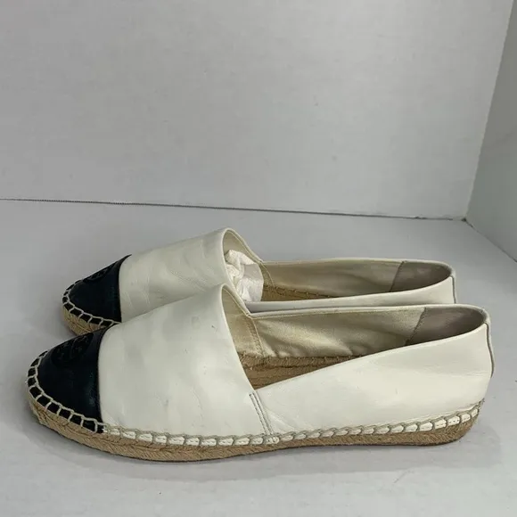 Tory Burch black/white leather color block cap toe espadrille flats