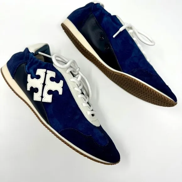 Tory Burch Blue &amp; White Suede Low Top Runner Sneakers