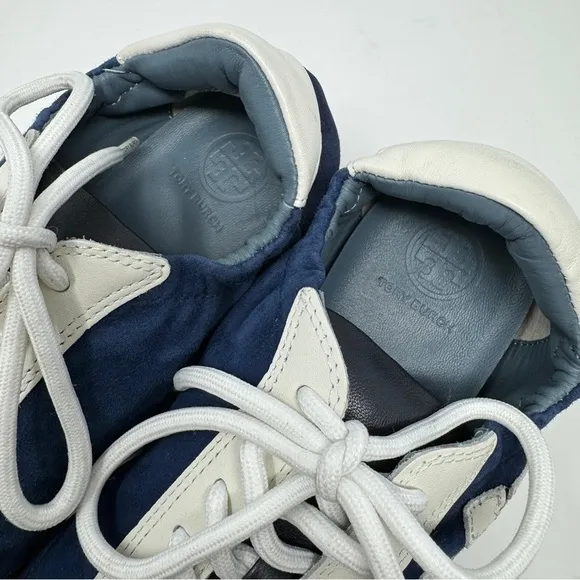 Tory Burch Blue &amp; White Suede Low Top Runner Sneakers