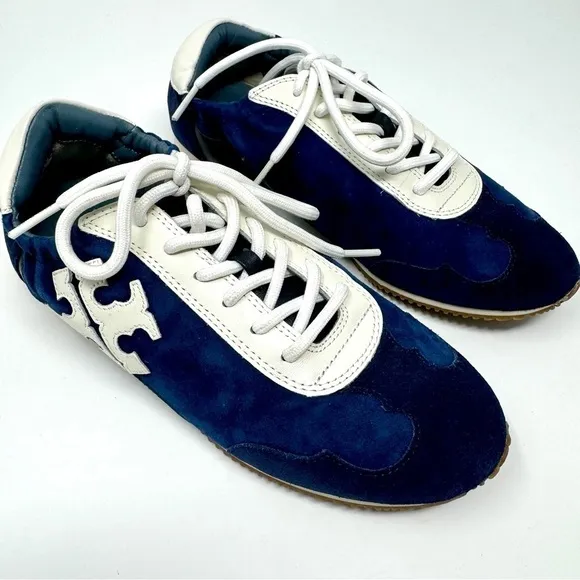 Tory Burch Blue &amp; White Suede Low Top Runner Sneakers