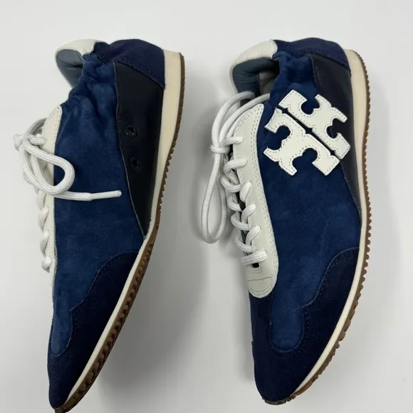 Tory Burch Blue &amp; White Suede Low Top Runner Sneakers