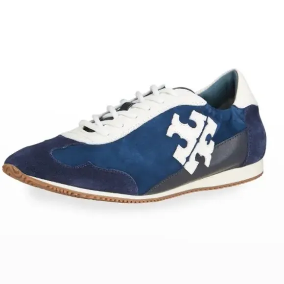 Tory Burch Blue &amp; White Suede Low Top Runner Sneakers