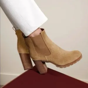 Tory Burch Brown Stafford Suede Ankle Heeled Boots 9 Chelsea Boot Stacked Preppy