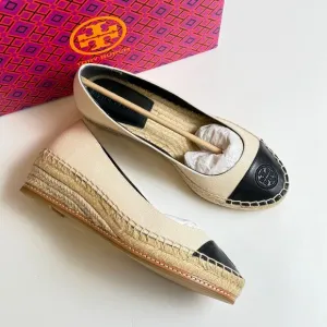 Tory Burch Canvas &amp; Nappa Leather With Embroidered Logo Wedge Espadrilles size 7