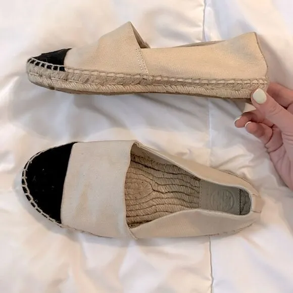 Tory Burch Canvas Weston Color block Espadrilles Black Cream 7.5