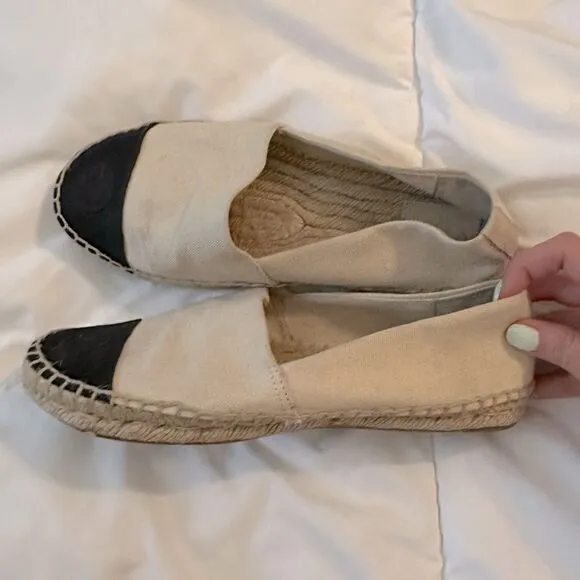 Tory Burch Canvas Weston Color block Espadrilles Black Cream 7.5