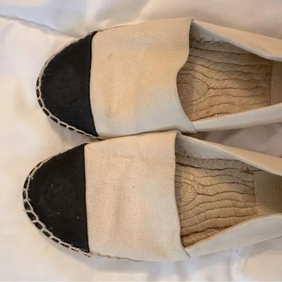 Tory Burch Canvas Weston Color block Espadrilles Black Cream 7.5