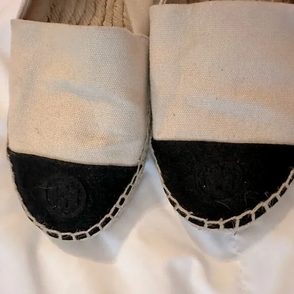 Tory Burch Canvas Weston Color block Espadrilles Black Cream 7.5