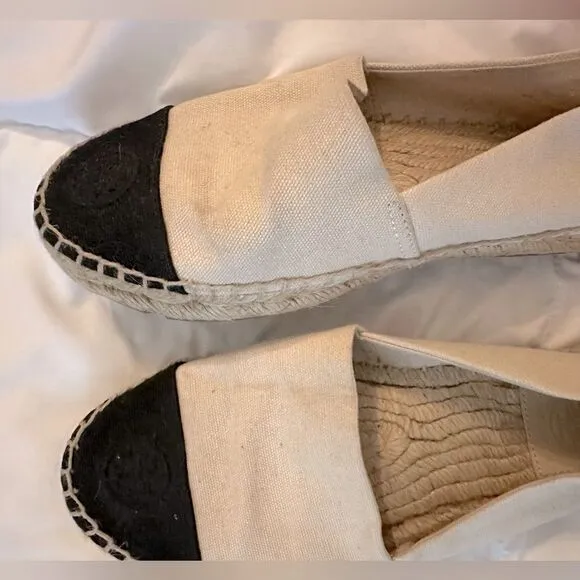 Tory Burch Canvas Weston Color block Espadrilles Black Cream 7.5