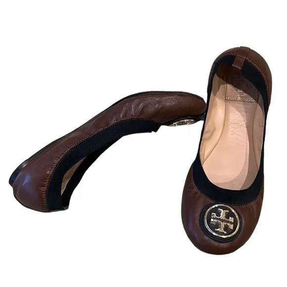 Tory Burch Caroline Brown Leather &amp; Black Ballet Flats - 6.5