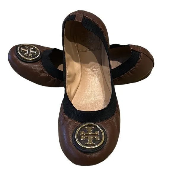 Tory Burch Caroline Brown Leather &amp; Black Ballet Flats - 6.5