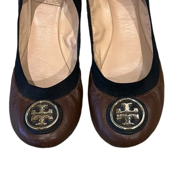 Tory Burch Caroline Brown Leather &amp; Black Ballet Flats - 6.5