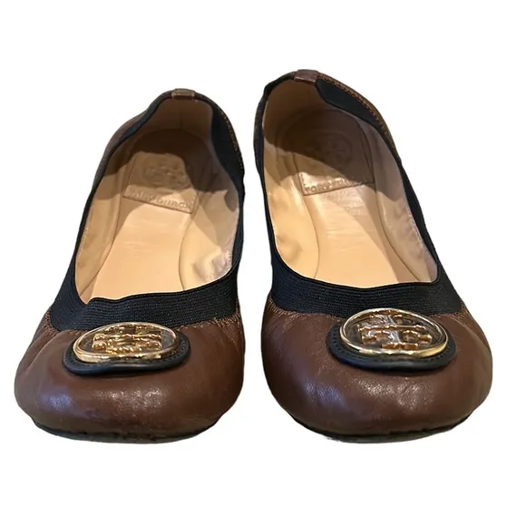 Tory Burch Caroline Brown Leather &amp; Black Ballet Flats - 6.5