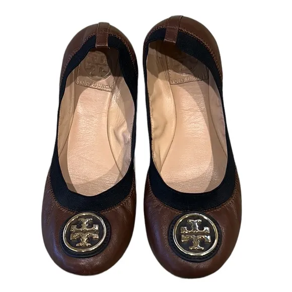 Tory Burch Caroline Brown Leather &amp; Black Ballet Flats - 6.5