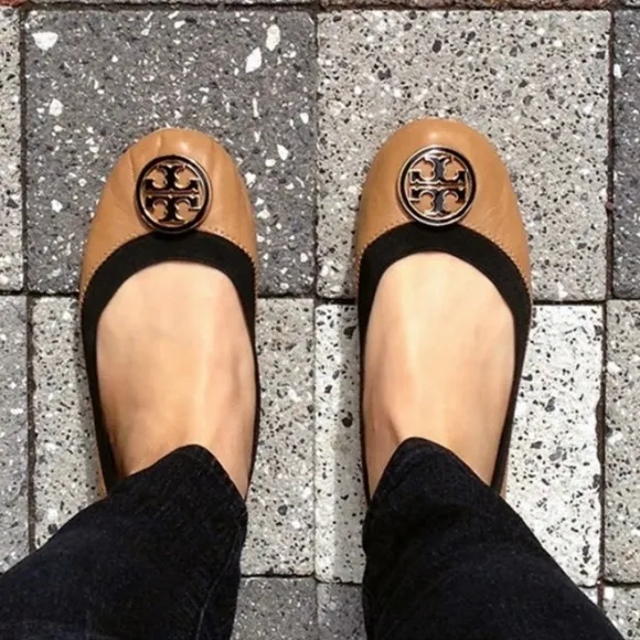 Tory Burch Caroline Brown Leather &amp; Black Ballet Flats - 6.5