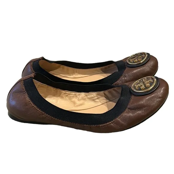 Tory Burch Caroline Brown Leather &amp; Black Ballet Flats - 6.5