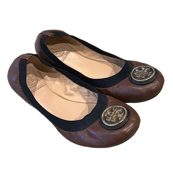 Tory Burch Caroline Brown Leather &amp; Black Ballet Flats - 6.5