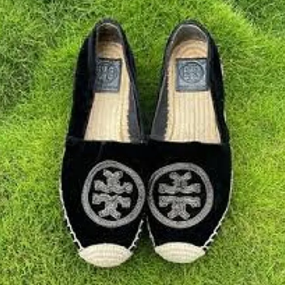 TORY BURCH Chain Logo Monogram Espadrille Flats EUC