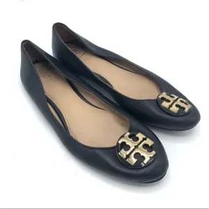 TORY BURCH Claire Ballet Flat Tumbled Leather Black Slip On Logo Gold Flats 9.5