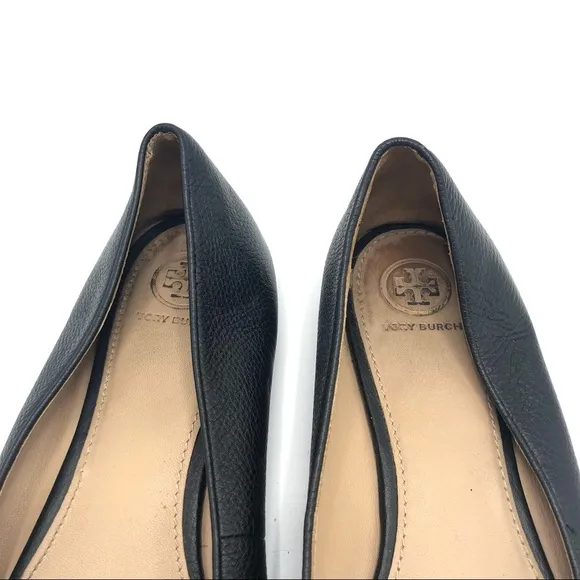 TORY BURCH Claire Ballet Flat Tumbled Leather Black Slip On Logo Gold Flats 9.5