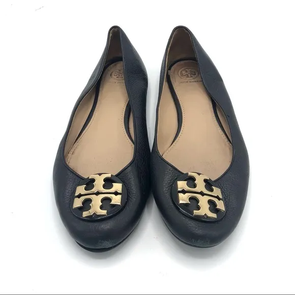 TORY BURCH Claire Ballet Flat Tumbled Leather Black Slip On Logo Gold Flats 9.5