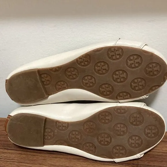Tory Burch Cline Buckle Logo Woman’s’ Ballet Flats. Off White, Gold-tone Logo.