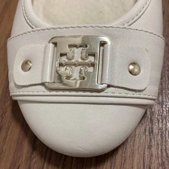 Tory Burch Cline Buckle Logo Woman’s’ Ballet Flats. Off White, Gold-tone Logo.