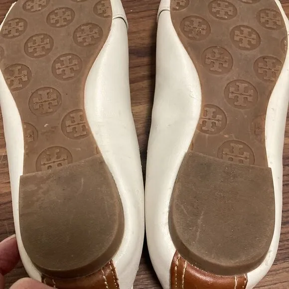 Tory Burch Cline Buckle Logo Woman’s’ Ballet Flats. Off White, Gold-tone Logo.