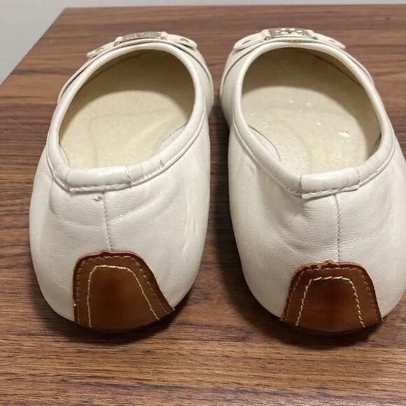 Tory Burch Cline Buckle Logo Woman’s’ Ballet Flats. Off White, Gold-tone Logo.