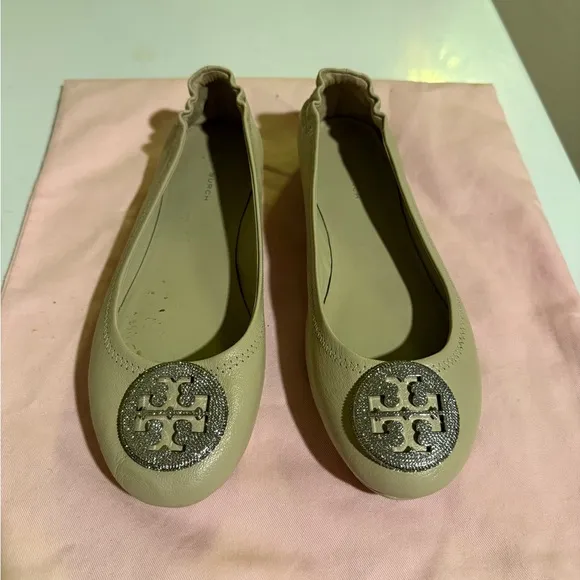 Tory Burch Cream Flats with Medallion Detail