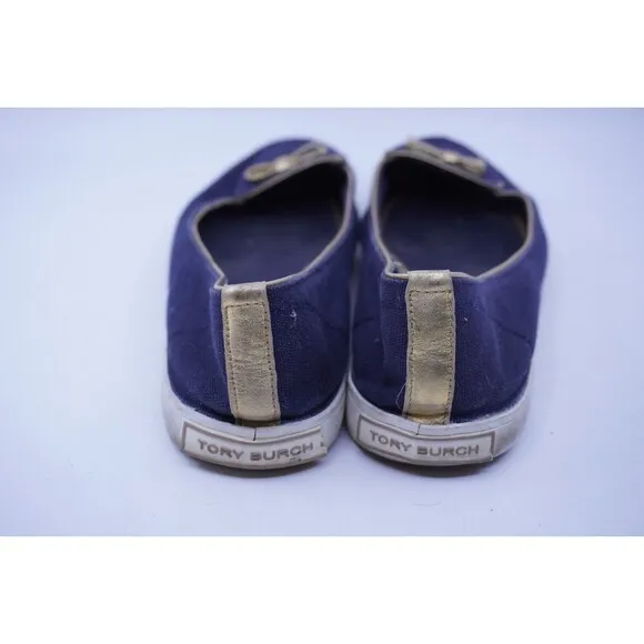 Tory Burch Dakota Flats Sneaker Canvas Leather Bow Logo Shoes Size 9 Blue Gold