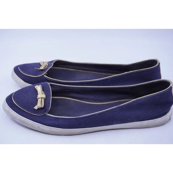 Tory Burch Dakota Flats Sneaker Canvas Leather Bow Logo Shoes Size 9 Blue Gold