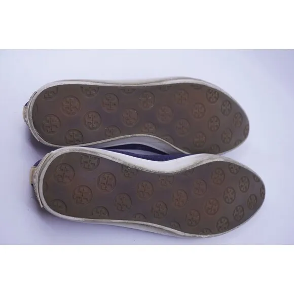 Tory Burch Dakota Flats Sneaker Canvas Leather Bow Logo Shoes Size 9 Blue Gold