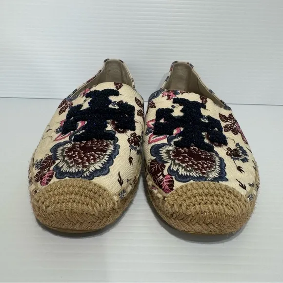 Tory Burch Elisa Logo Navy Floral Embroidered Flats Size 9.5