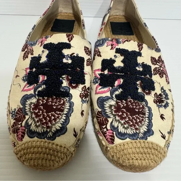 Tory Burch Elisa Logo Navy Floral Embroidered Flats Size 9.5