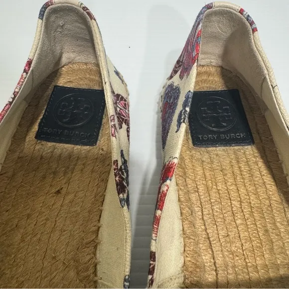 Tory Burch Elisa Logo Navy Floral Embroidered Flats Size 9.5